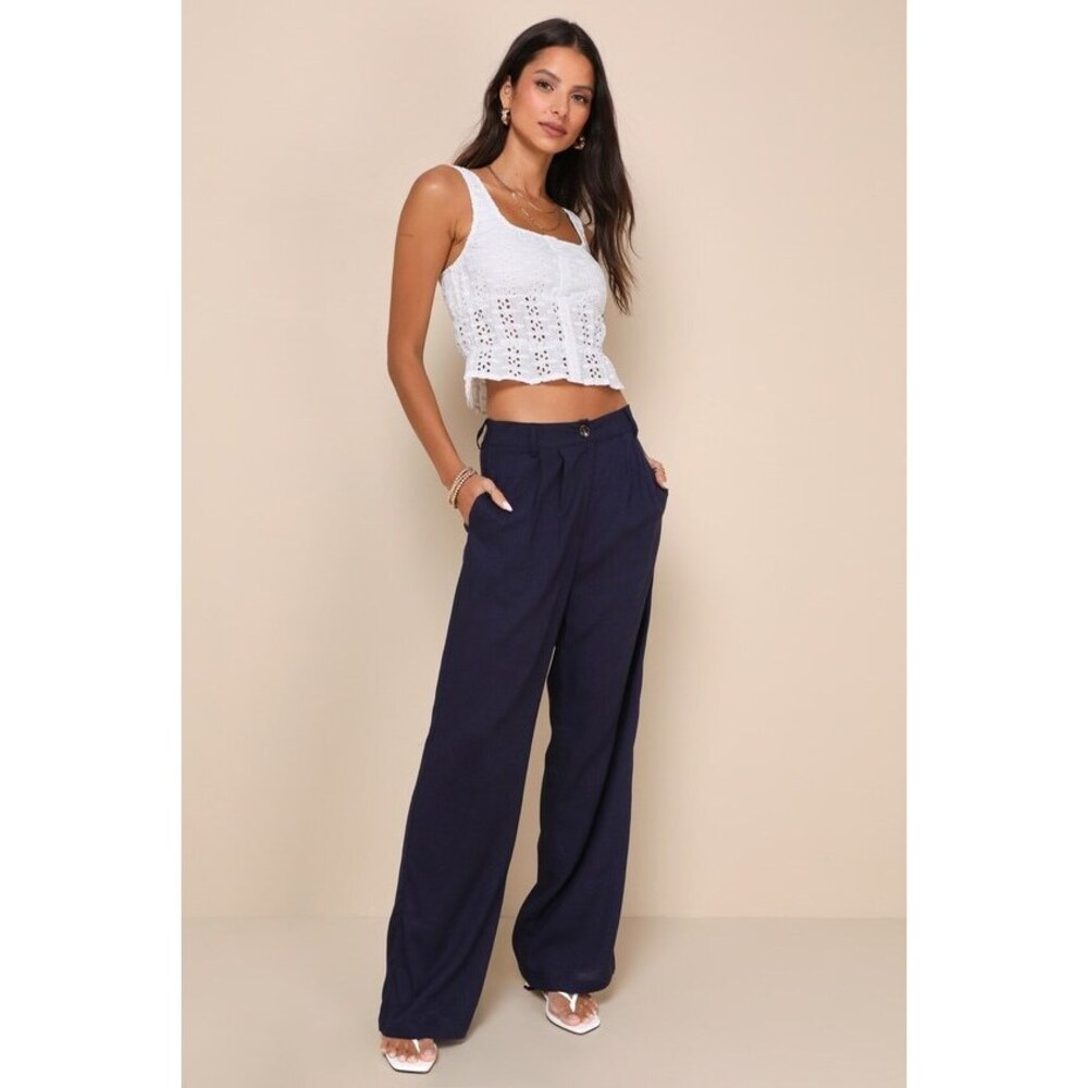 NWOT Lulus All Day Chic Navy Linen High-rise Straight Leg Trouser Pants